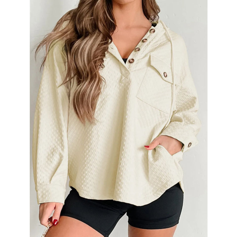 Drawstring Half Button Long Sleeve Hoodie Beige / S Apparel and Accessories