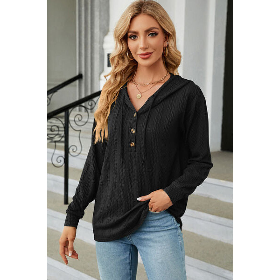 Drawstring Half Button Long Sleeve Hoodie Black / S Apparel and Accessories