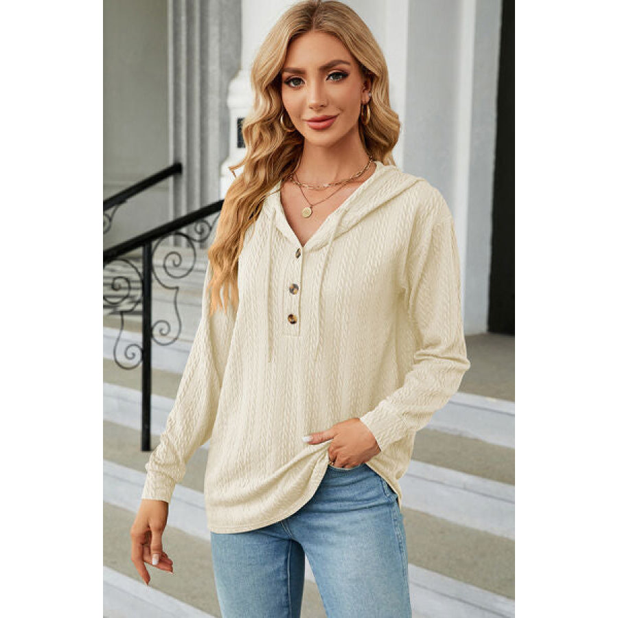 Drawstring Half Button Long Sleeve Hoodie Cream / S Apparel and Accessories