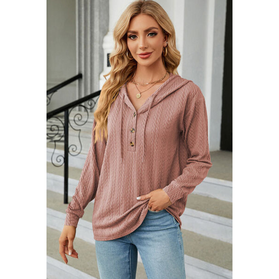 Drawstring Half Button Long Sleeve Hoodie Light Mauve / S Apparel and Accessories
