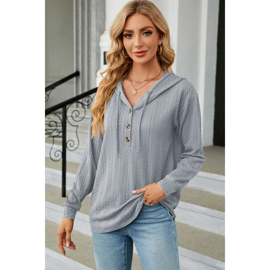 Drawstring Half Button Long Sleeve Hoodie Misty Blue / S Apparel and Accessories