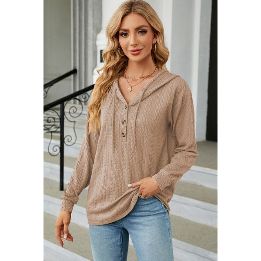 Drawstring Half Button Long Sleeve Hoodie Tan / S Apparel and Accessories