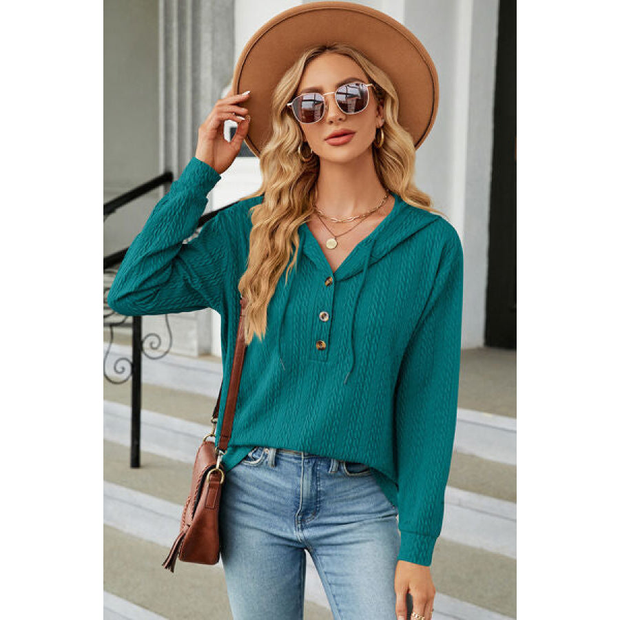 Drawstring Half Button Long Sleeve Hoodie Turquoise / S Apparel and Accessories