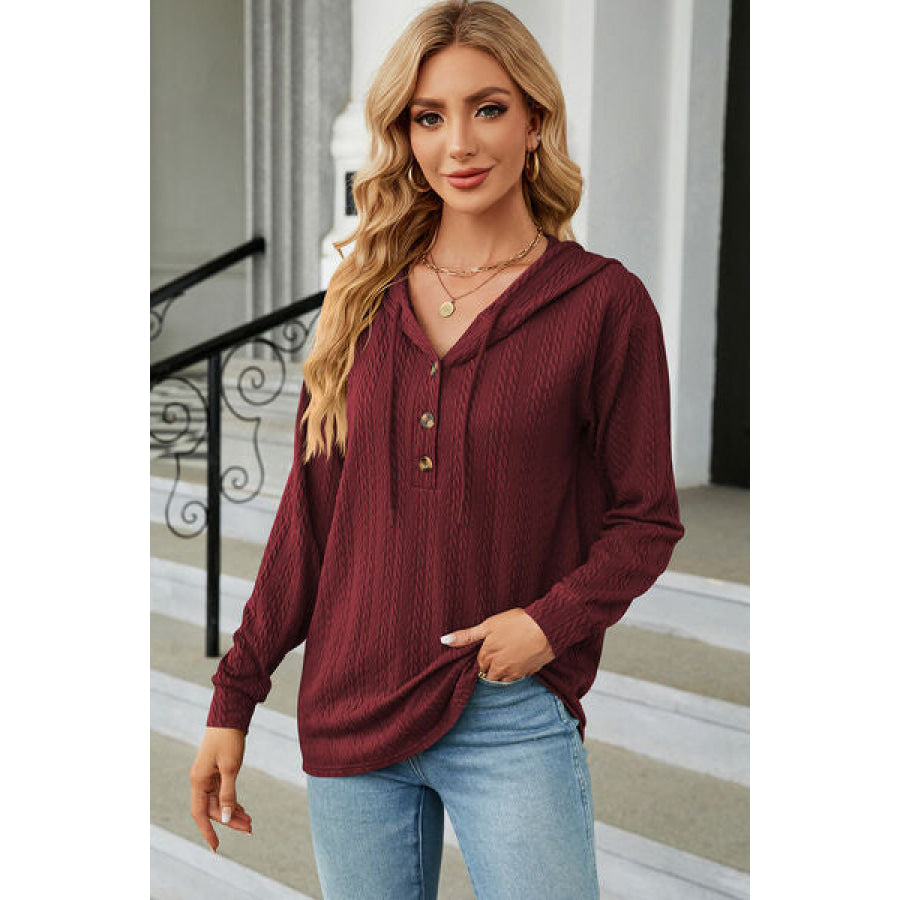 Drawstring Half Button Long Sleeve Hoodie Wine / S Apparel and Accessories