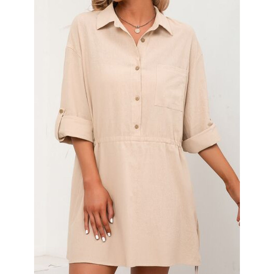 Drawstring Half Button Roll - Tab Sleeve Dress Apparel and Accessories