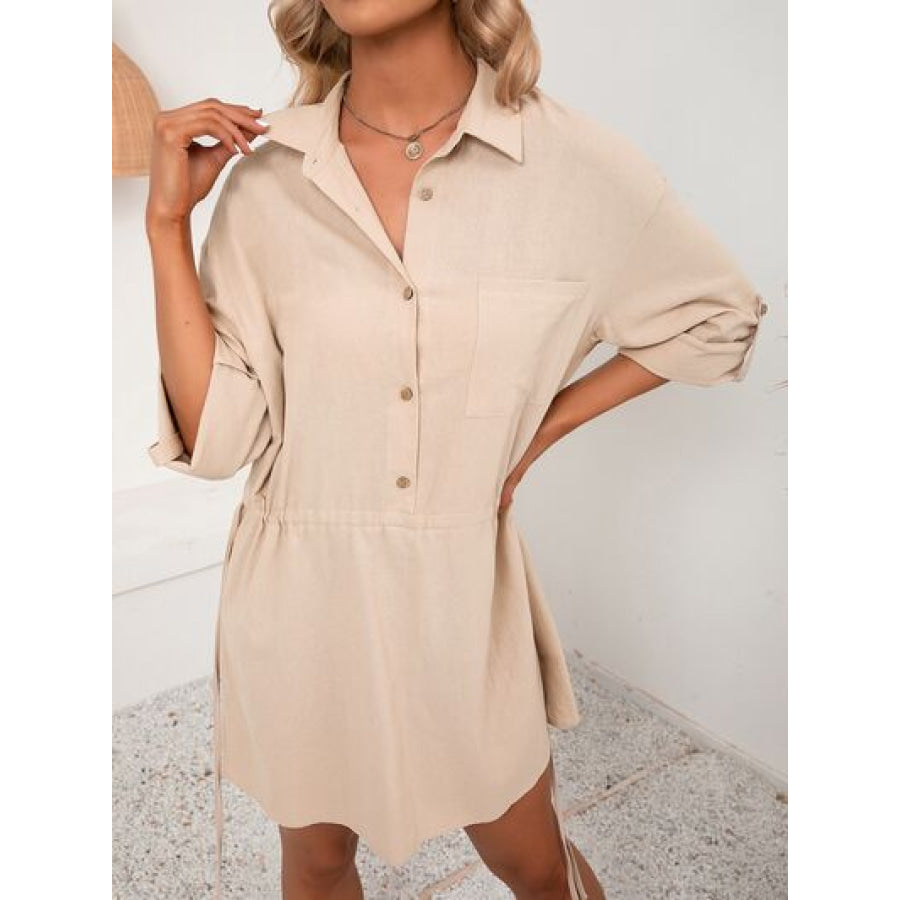 Drawstring Half Button Roll - Tab Sleeve Dress Apparel and Accessories