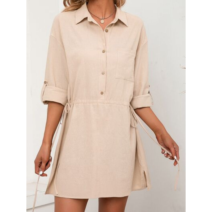 Drawstring Half Button Roll - Tab Sleeve Dress Beige / S Apparel and Accessories