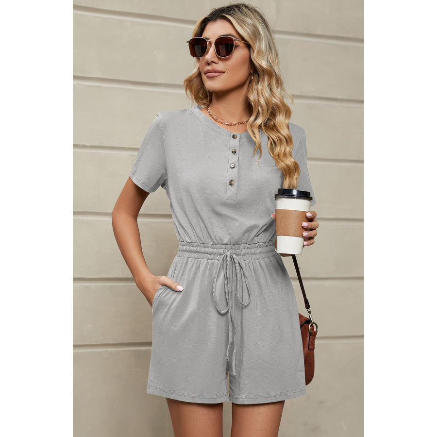 Drawstring Half Button Short Sleeve Romper Apparel and Accessories