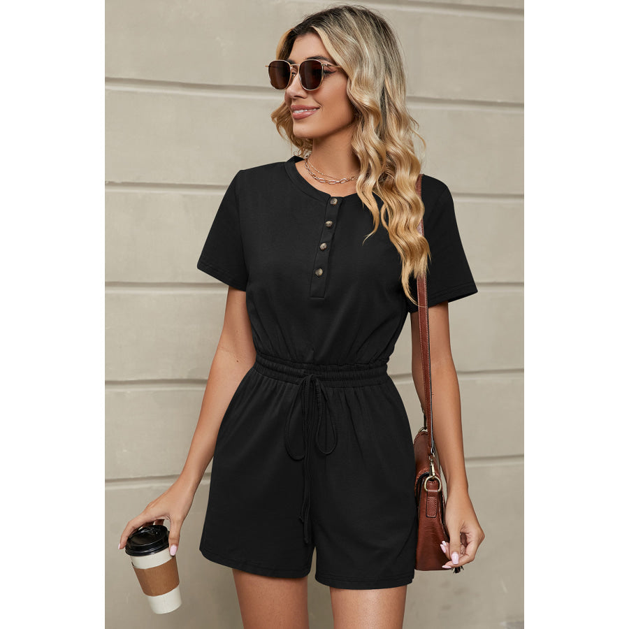 Drawstring Half Button Short Sleeve Romper Apparel and Accessories