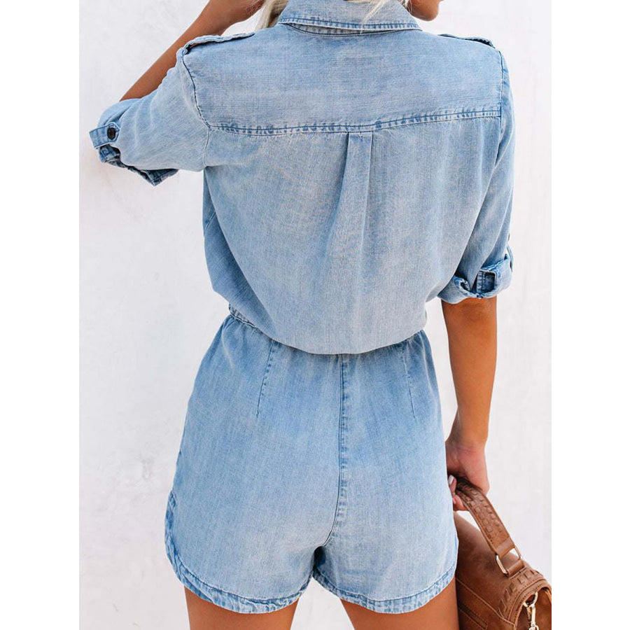 Drawstring Half Button Half Sleeve Denim Romper Apparel and Accessories