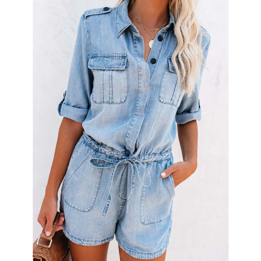 Drawstring Half Button Half Sleeve Denim Romper Light / S Apparel and Accessories