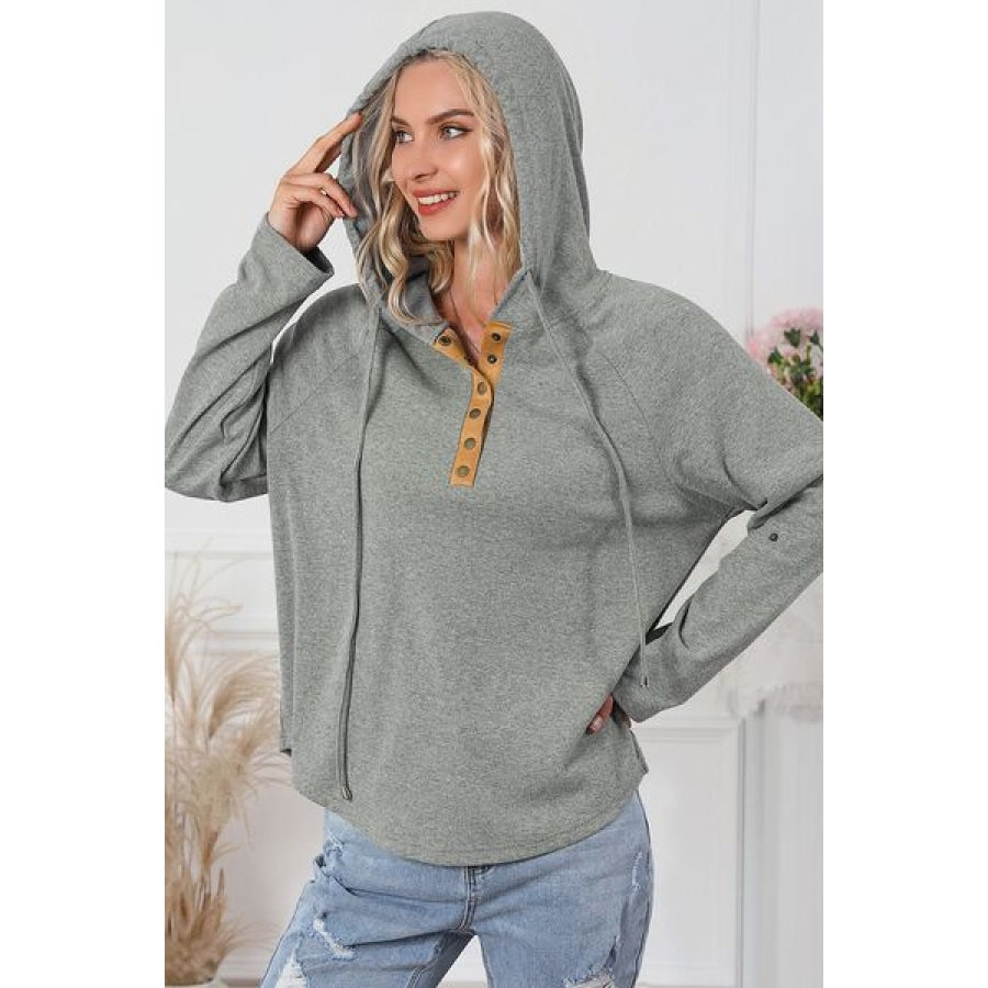 Drawstring Half Snap Long Sleeve Hoodie Clothing