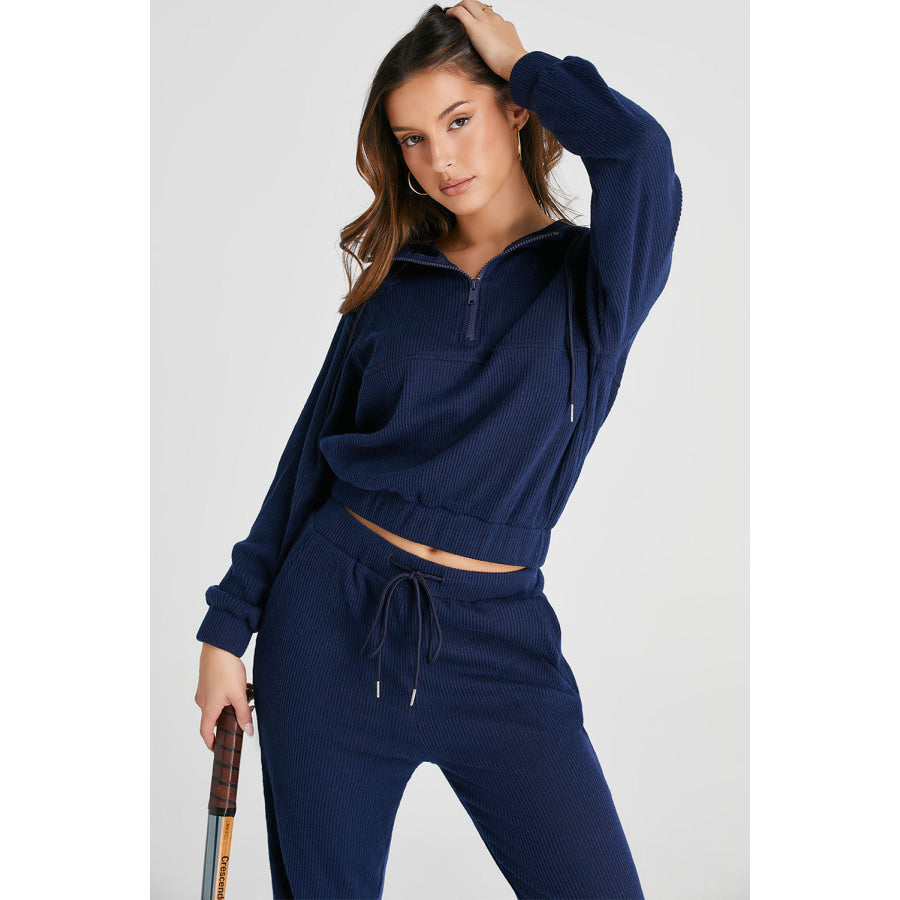 Drawstring Half Zip Hoodie and Joggers Active Set Navy / S Apparel and Accessories