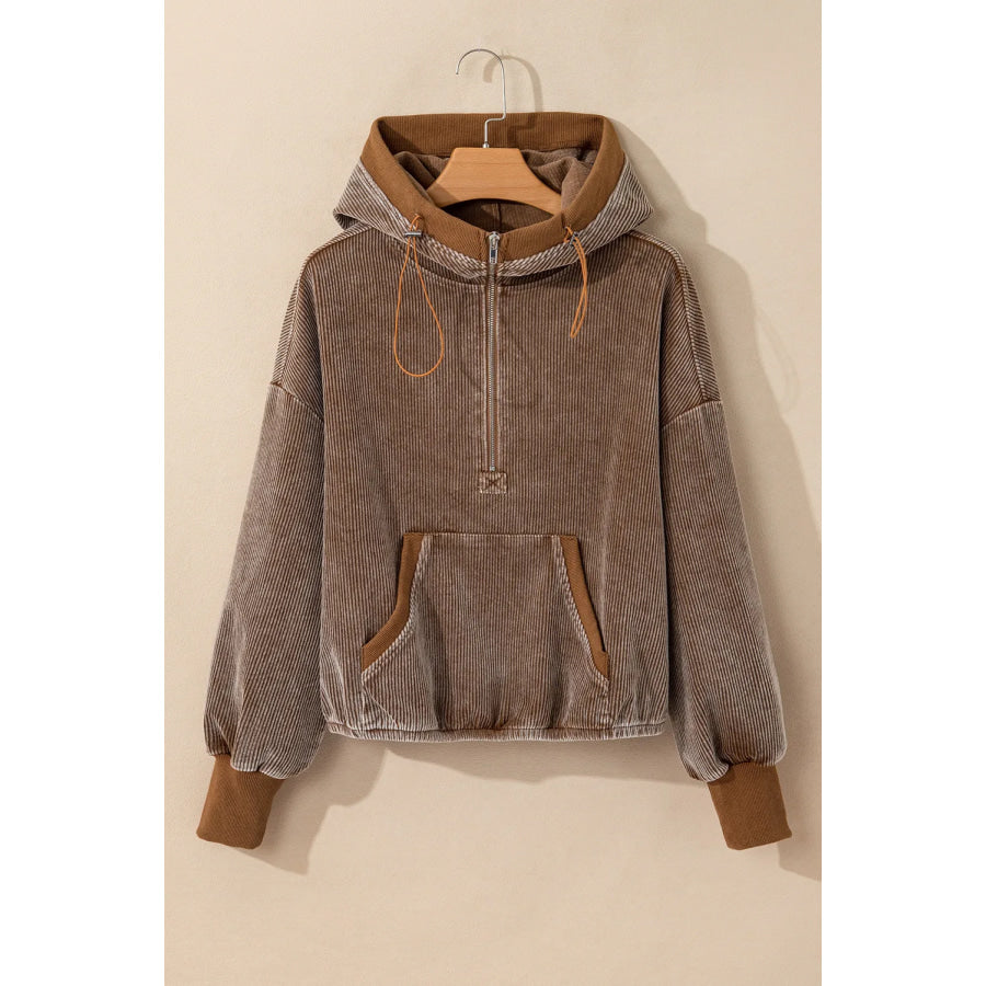 Drawstring Half Zip Long Sleeve Hoodie Apparel and Accessories