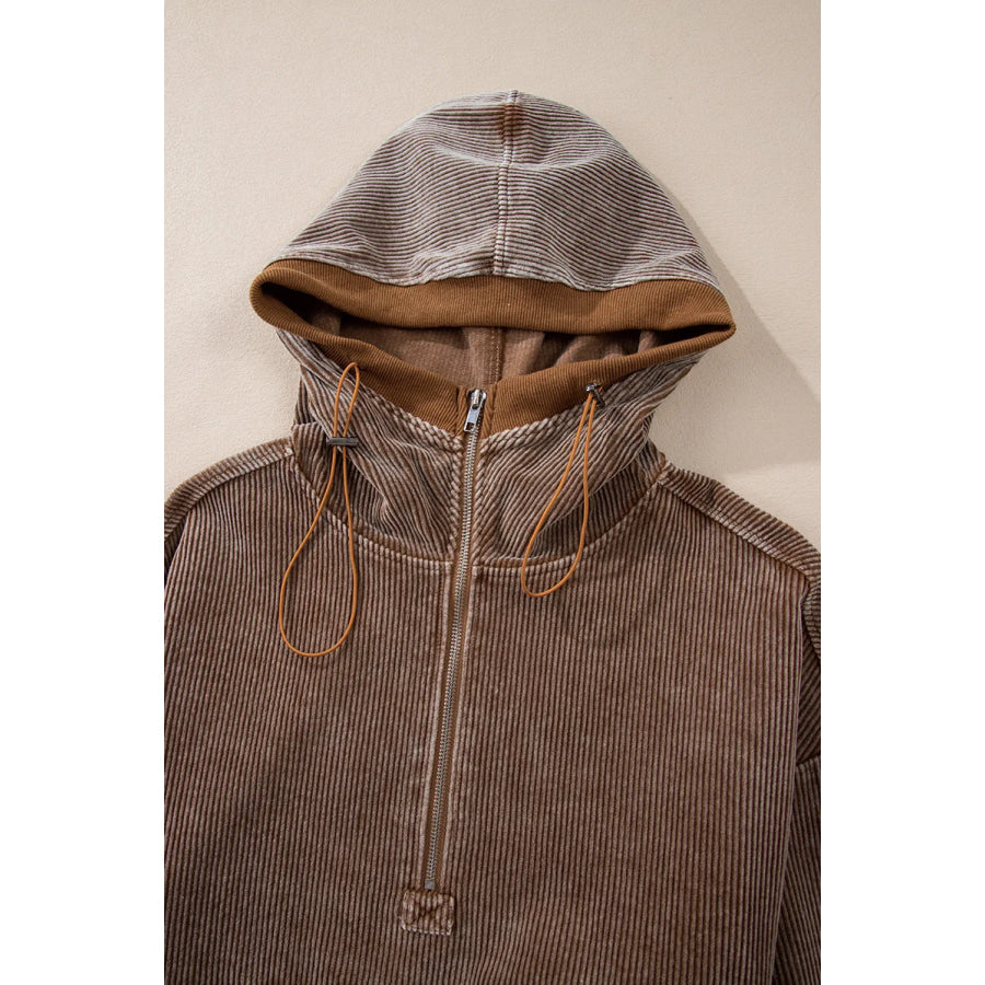 Drawstring Half Zip Long Sleeve Hoodie Apparel and Accessories