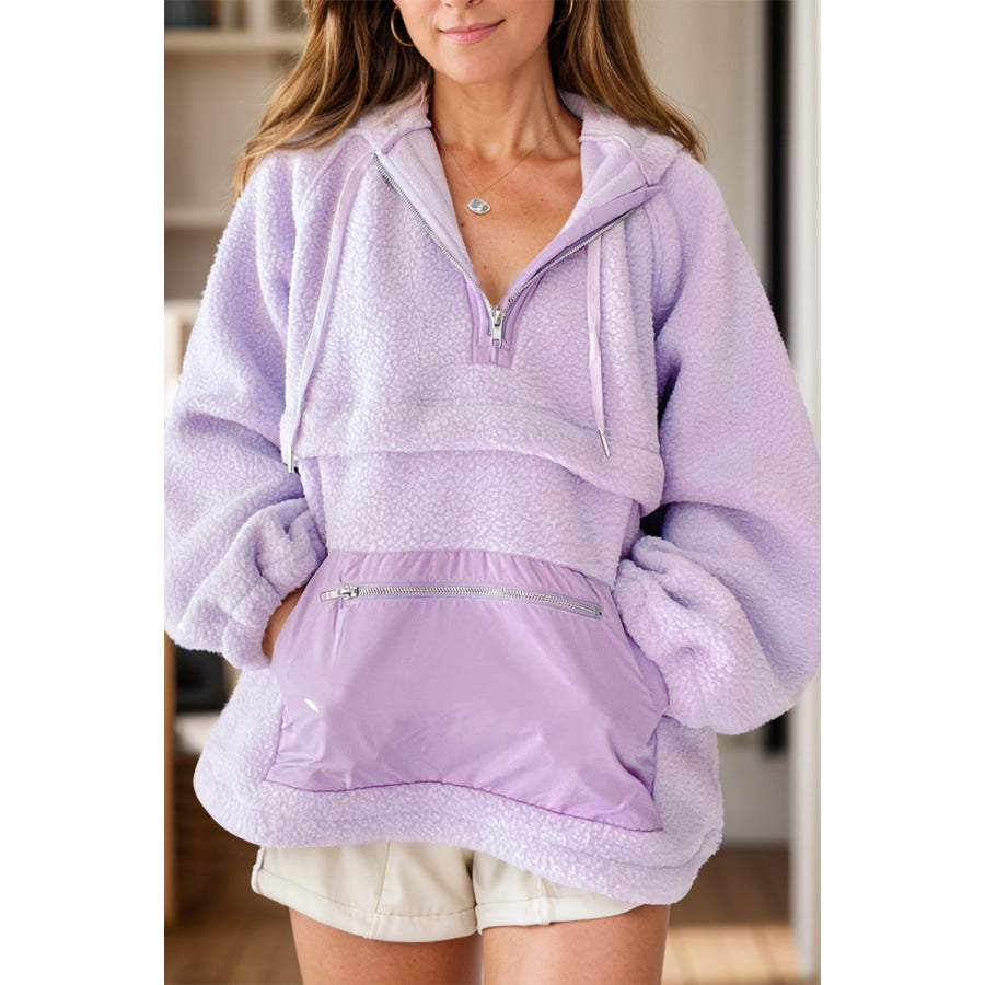 Drawstring Half Zip Long Sleeve Hoodie Pink Purple / S Apparel and Accessories