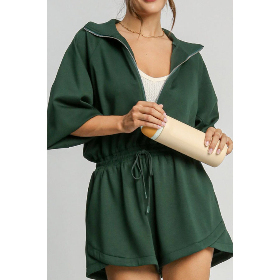 Drawstring Half Zip Long Sleeve Romper Dark Green / (US 4-6)S Apparel and Accessories