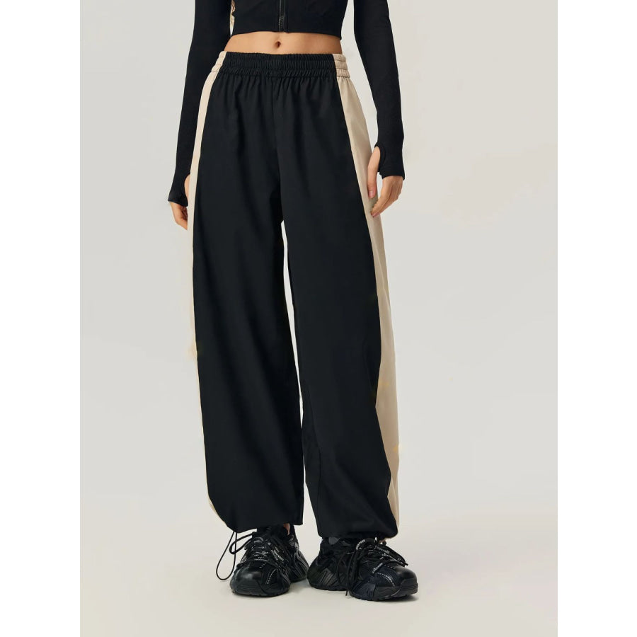 Drawstring Hem Contrast Elastic Waist Pants Black / S Apparel and Accessories
