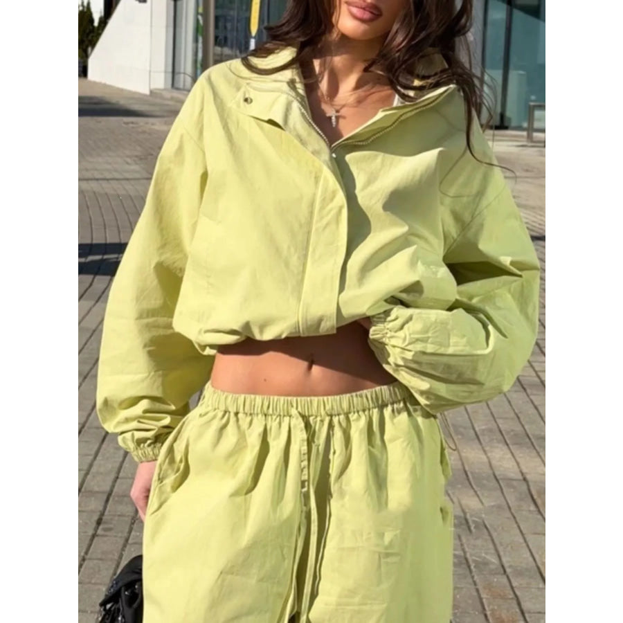 Drawstring Hem Crop Jacket and Wide-Leg Pant Set Apparel Accessories