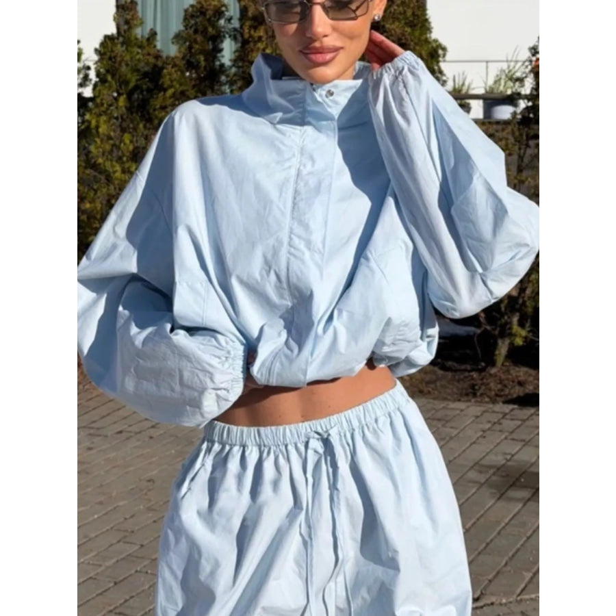 Drawstring Hem Crop Jacket and Wide-Leg Pant Set Apparel Accessories