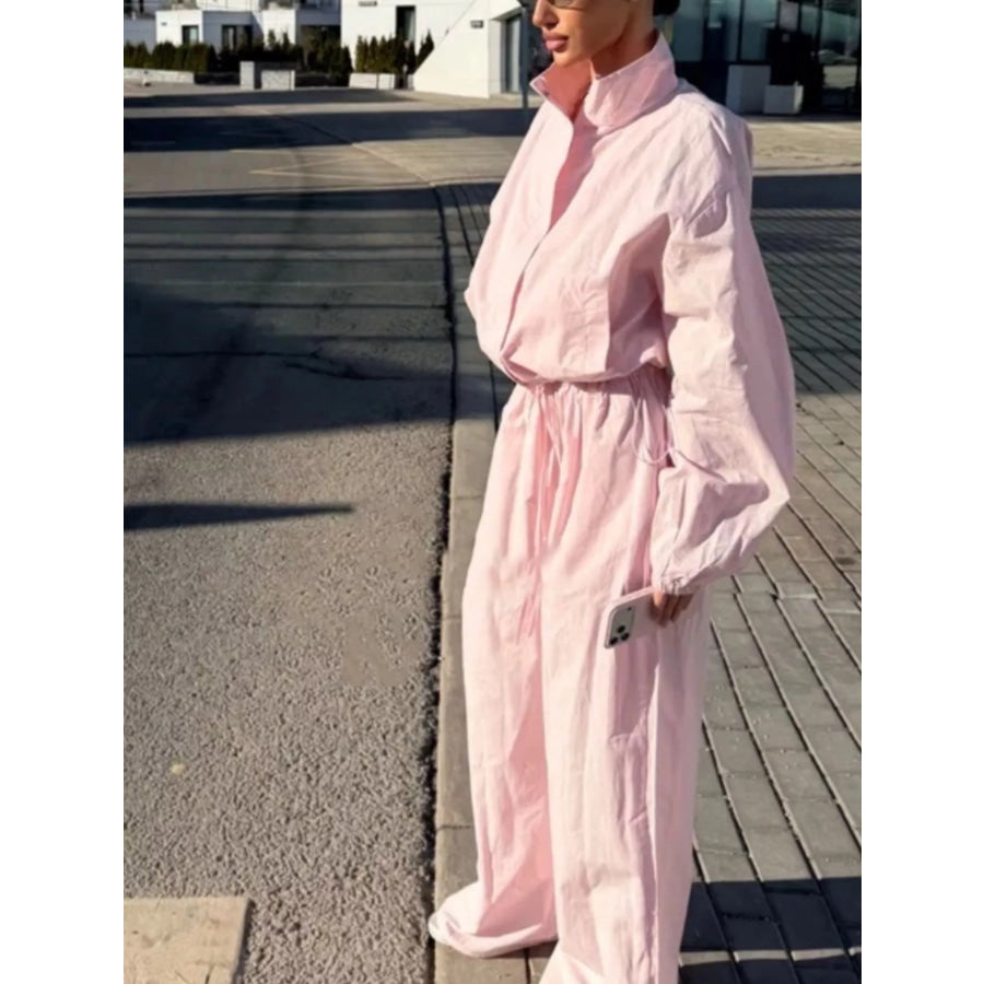 Drawstring Hem Crop Jacket and Wide-Leg Pant Set Apparel Accessories