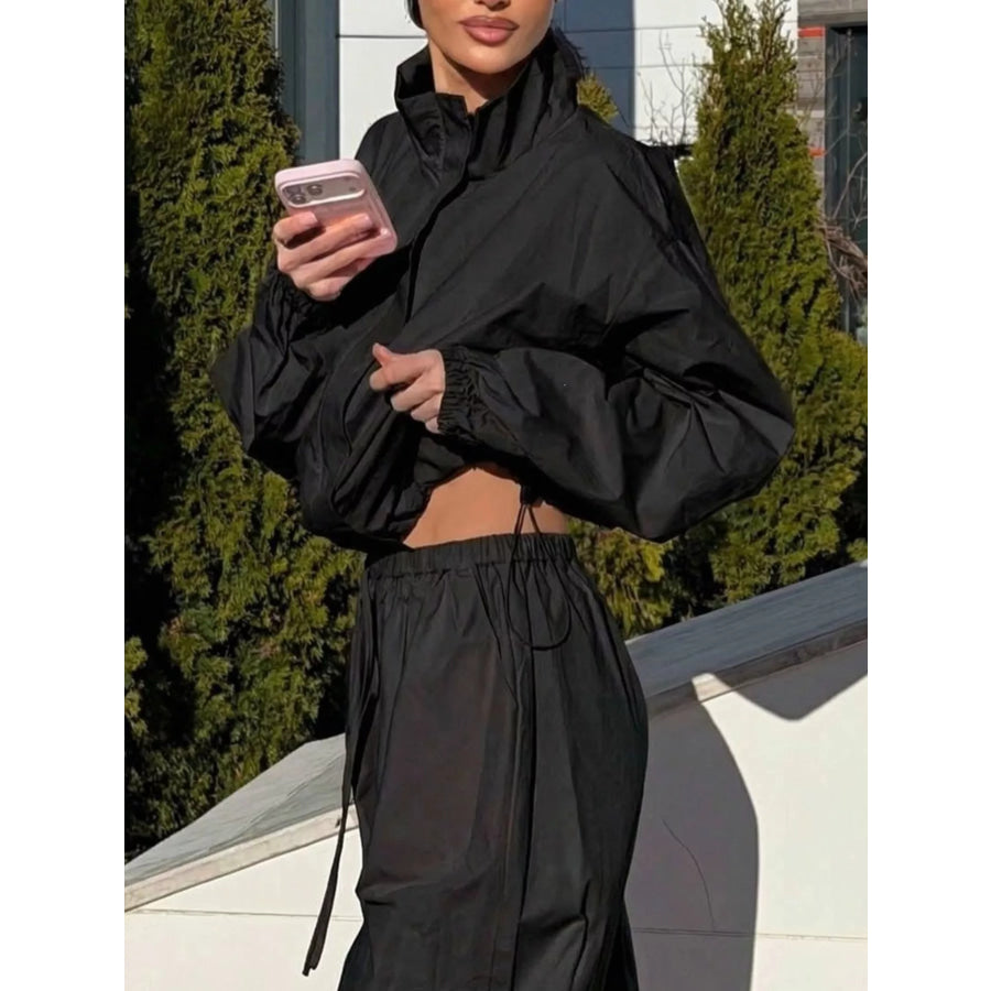 Drawstring Hem Crop Jacket and Wide-Leg Pant Set Apparel Accessories