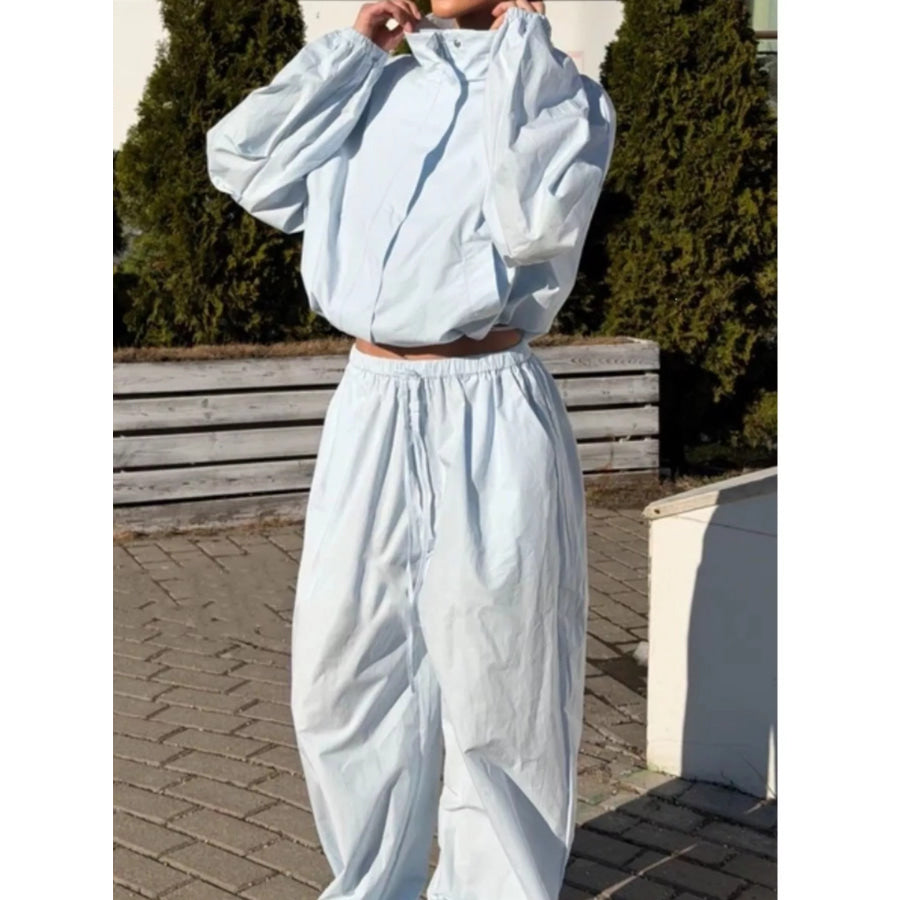 Drawstring Hem Crop Jacket and Wide-Leg Pant Set Apparel Accessories