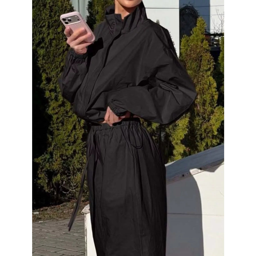 Drawstring Hem Crop Jacket and Wide-Leg Pant Set Apparel Accessories