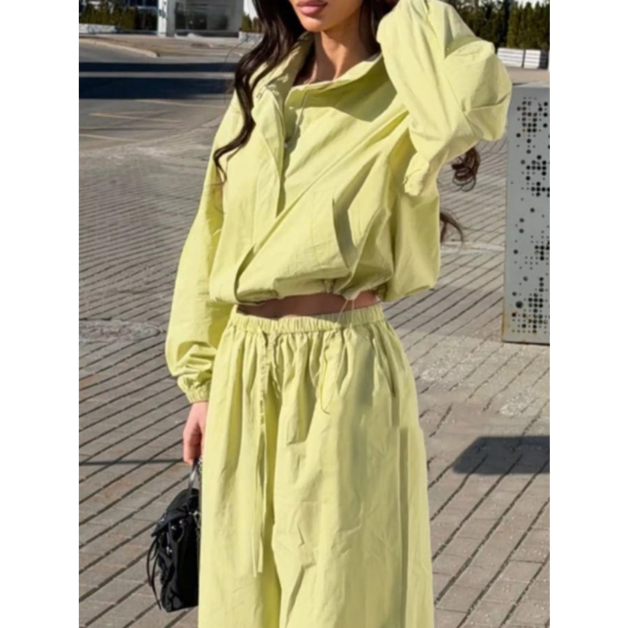 Drawstring Hem Crop Jacket and Wide-Leg Pant Set Apparel Accessories