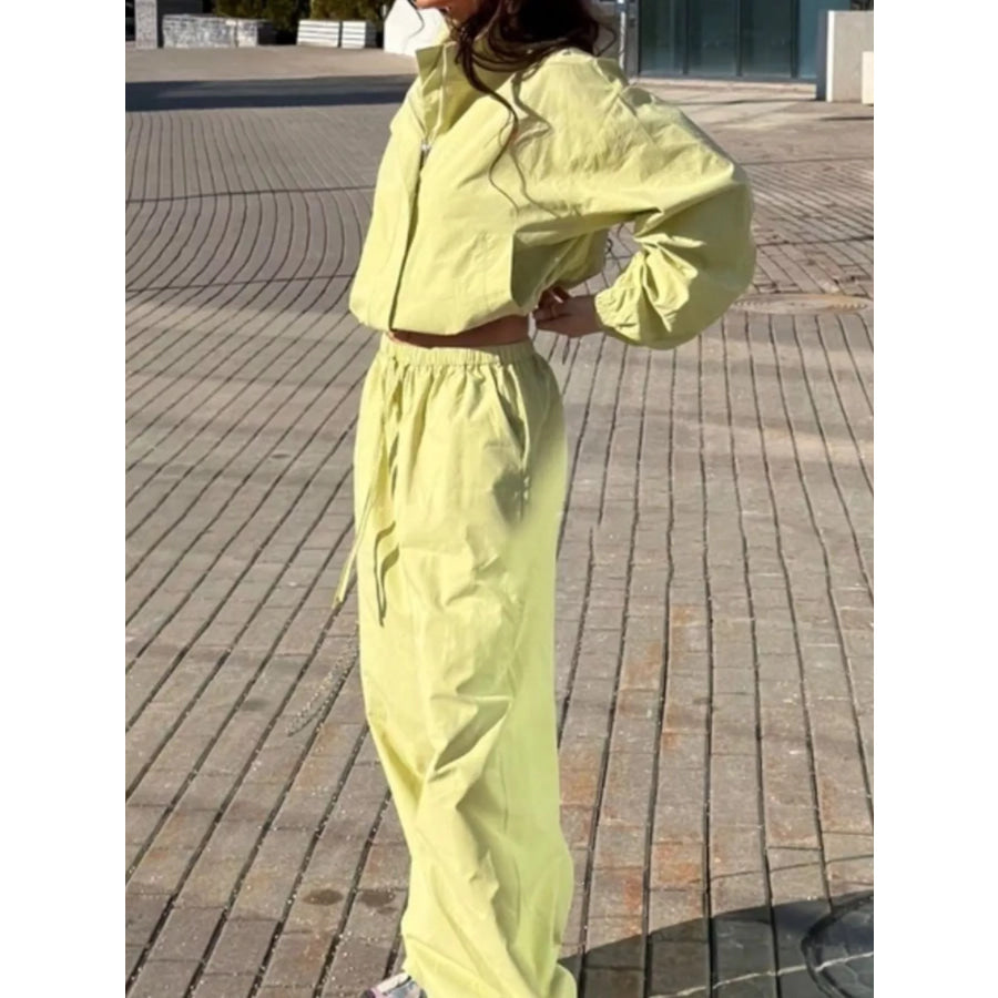 Drawstring Hem Crop Jacket and Wide-Leg Pant Set Apparel Accessories
