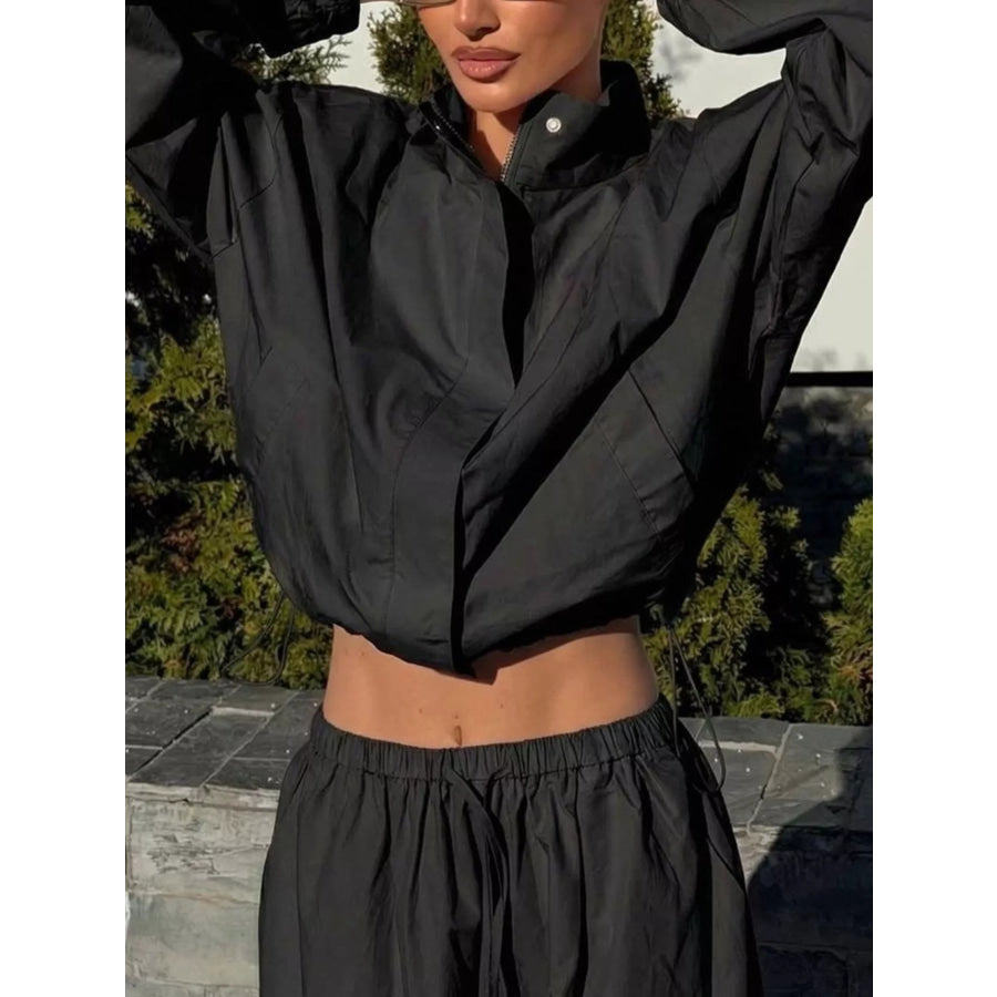 Drawstring Hem Crop Jacket and Wide-Leg Pant Set Apparel Accessories