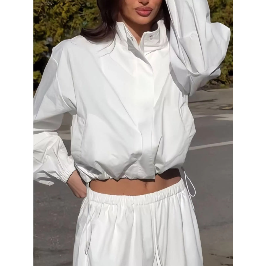 Drawstring Hem Crop Jacket and Wide-Leg Pant Set Apparel Accessories