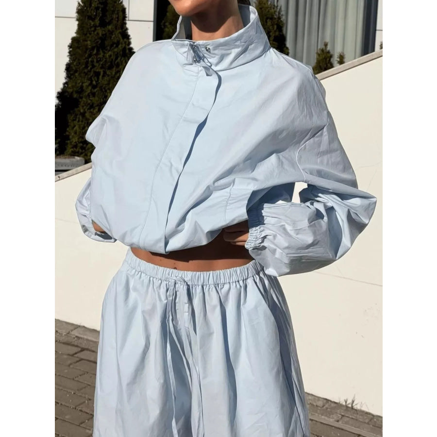 Drawstring Hem Crop Jacket and Wide-Leg Pant Set Apparel Accessories