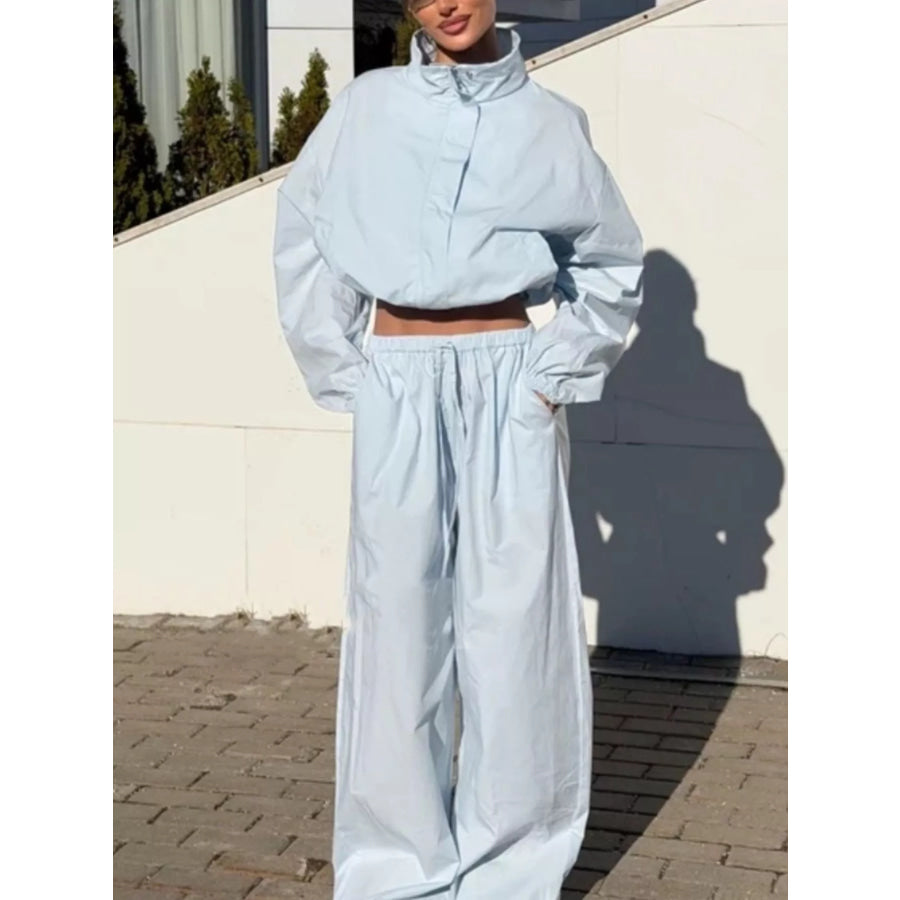 Drawstring Hem Crop Jacket and Wide-Leg Pant Set Apparel Accessories