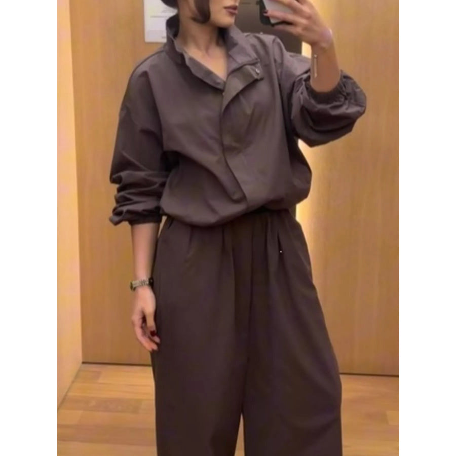Drawstring Hem Crop Jacket and Wide-Leg Pant Set Apparel Accessories
