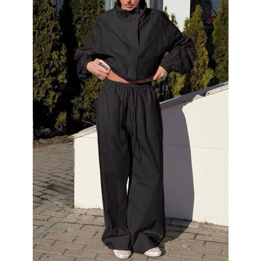 Drawstring Hem Crop Jacket and Wide-Leg Pant Set Black / S Apparel Accessories