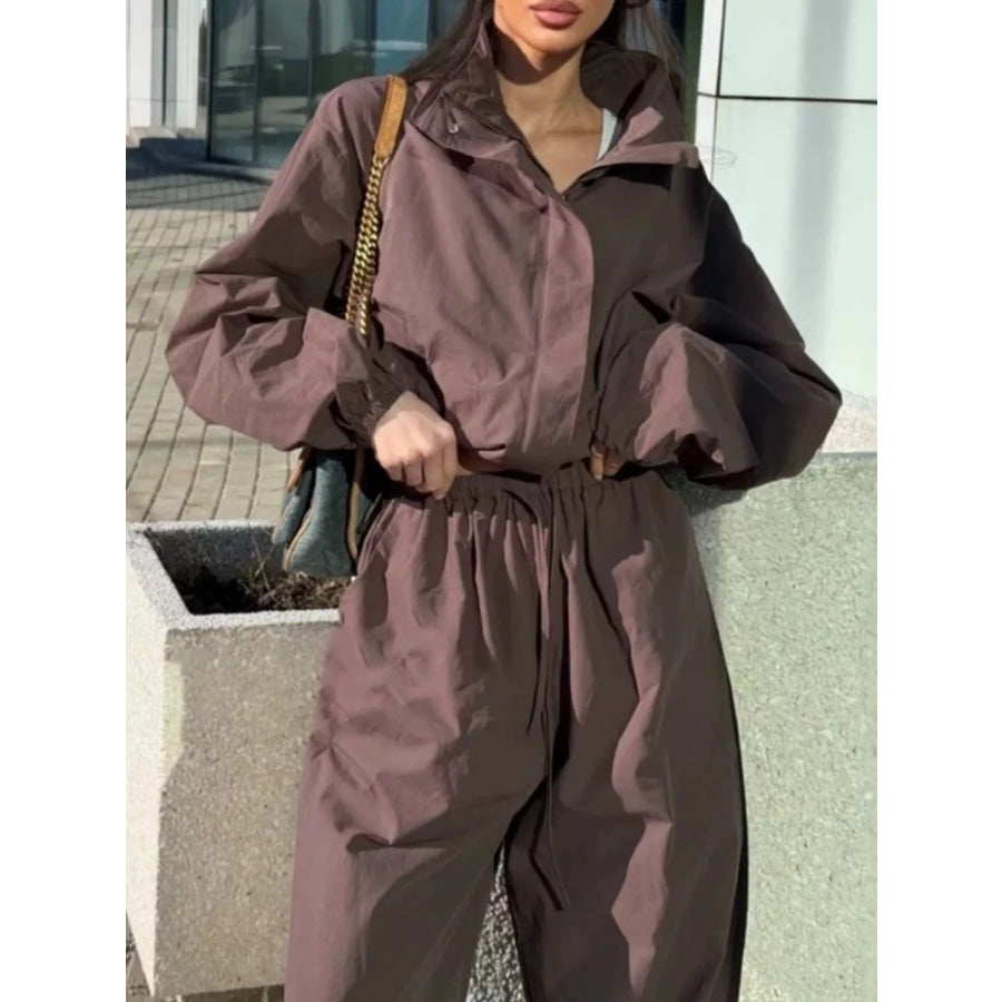 Drawstring Hem Crop Jacket and Wide-Leg Pant Set Brown / S Apparel Accessories
