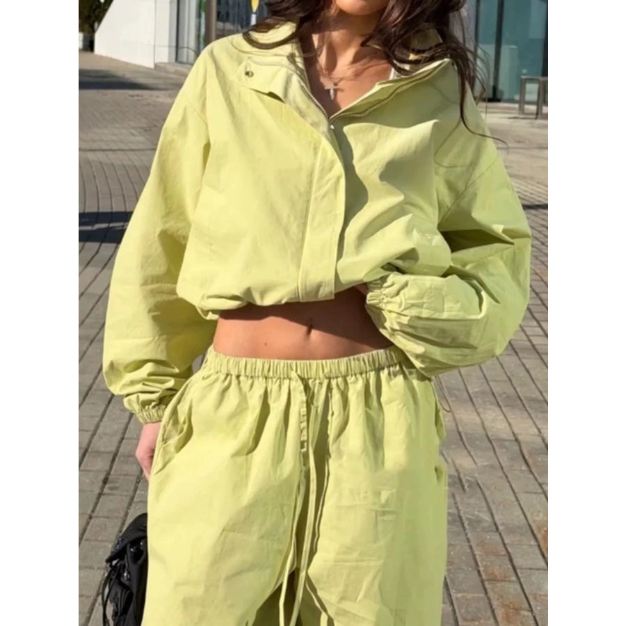 Drawstring Hem Crop Jacket and Wide-Leg Pant Set Green / S Apparel Accessories