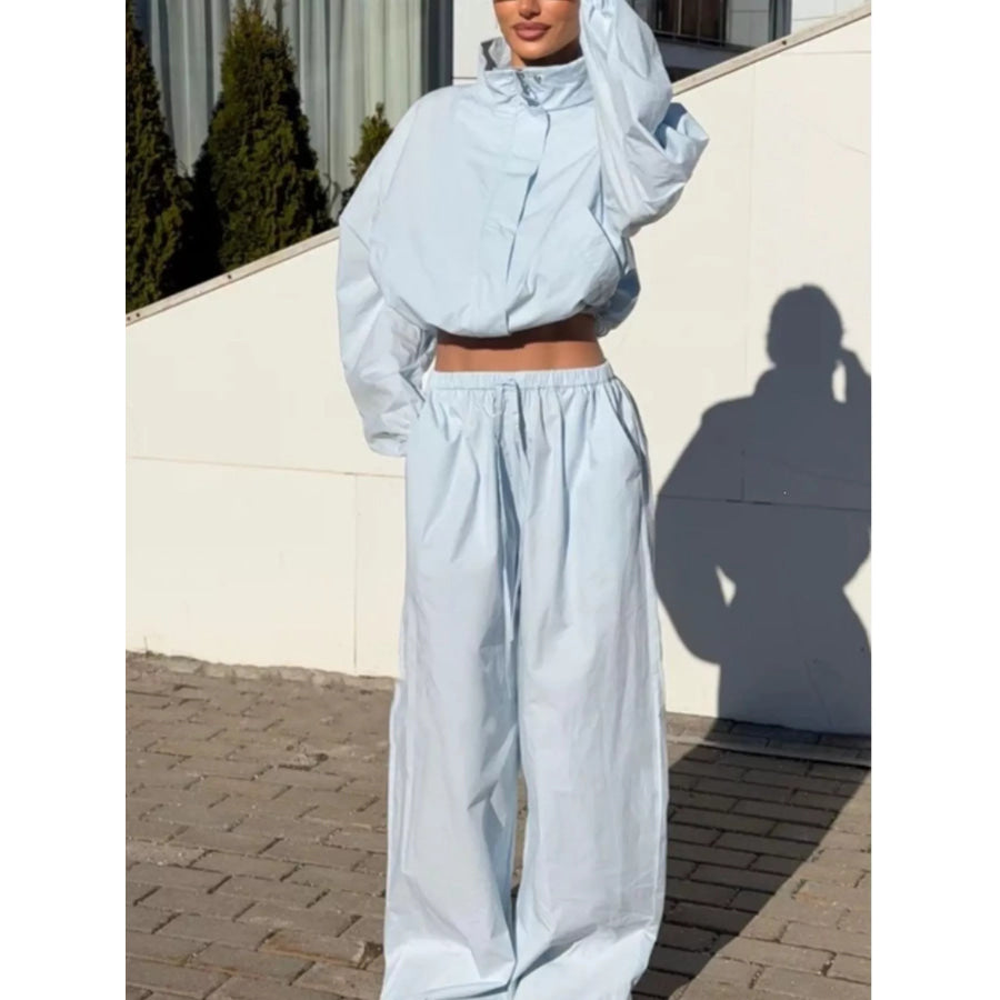 Drawstring Hem Crop Jacket and Wide-Leg Pant Set Light Blue / S Apparel Accessories