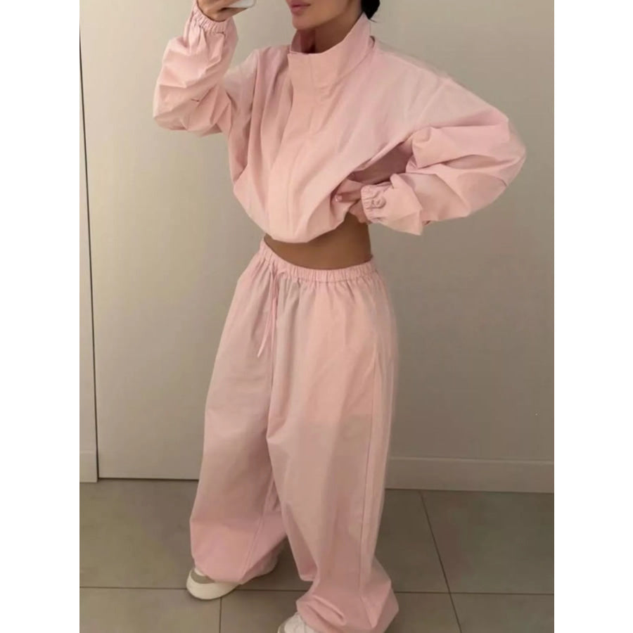 Drawstring Hem Crop Jacket and Wide-Leg Pant Set Pink / S Apparel Accessories