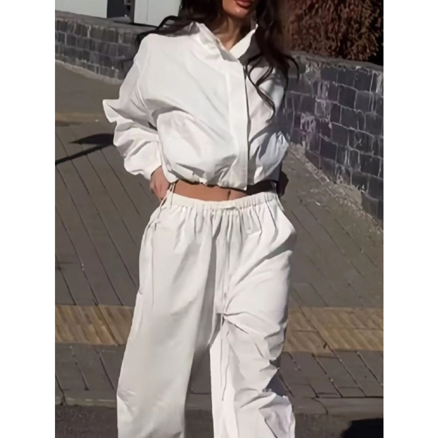 Drawstring Hem Crop Jacket and Wide-Leg Pant Set White / S Apparel Accessories