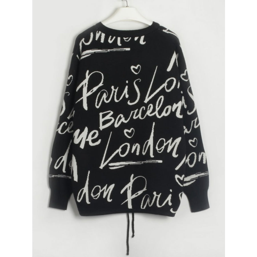 Drawstring Hem Letter Pattern Round Neck Dropped Shoulder Sweater Apparel and Accessories