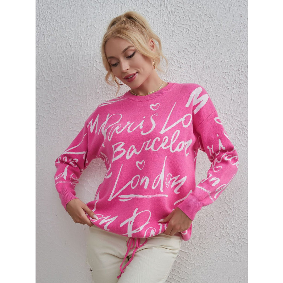 Drawstring Hem Letter Pattern Round Neck Dropped Shoulder Sweater Apparel and Accessories