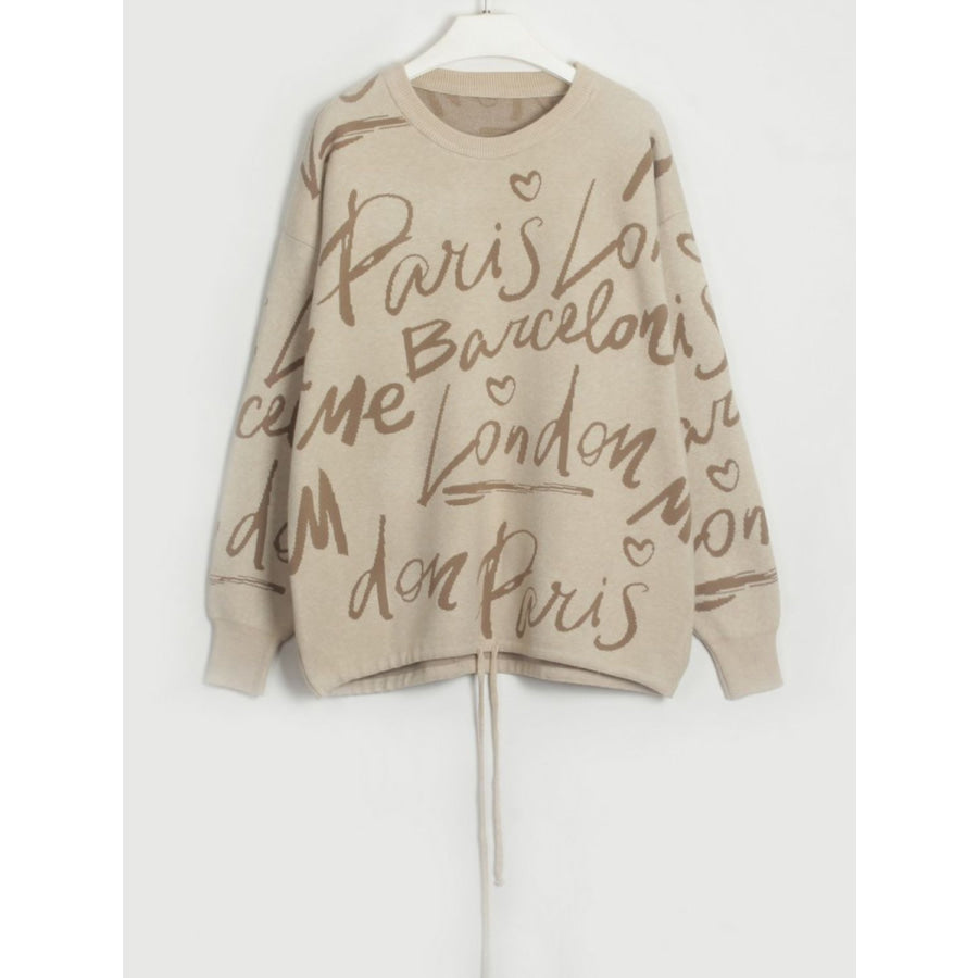 Drawstring Hem Letter Pattern Round Neck Dropped Shoulder Sweater Apparel and Accessories