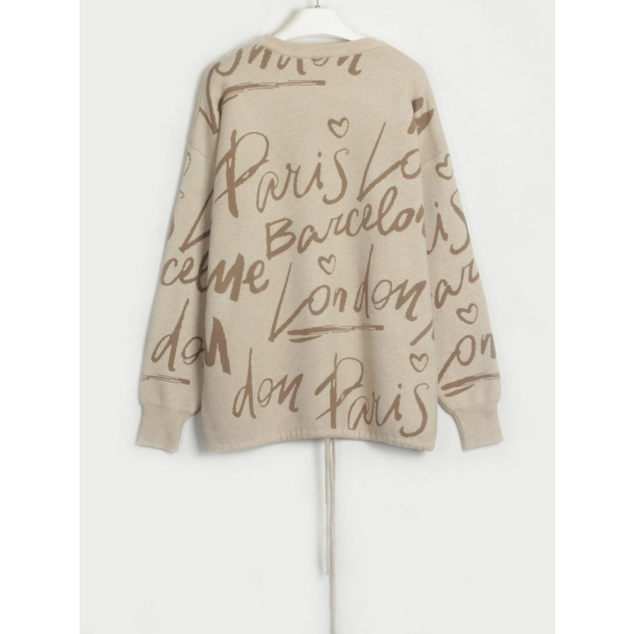 Drawstring Hem Letter Pattern Round Neck Dropped Shoulder Sweater Apparel and Accessories