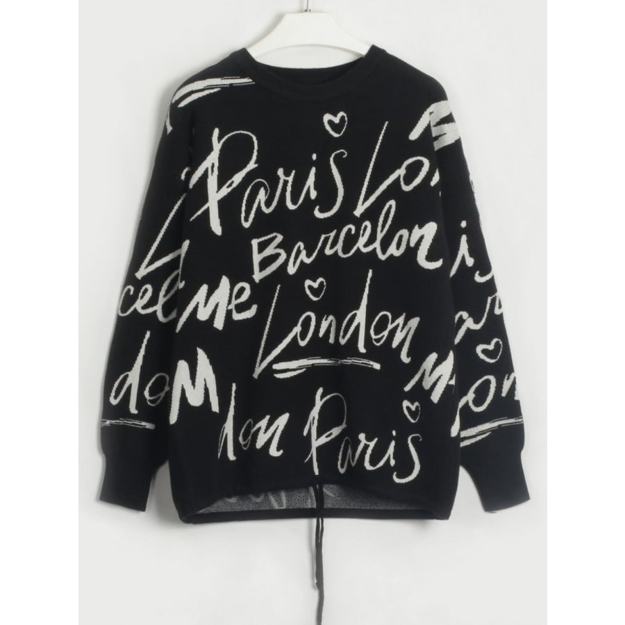Drawstring Hem Letter Pattern Round Neck Dropped Shoulder Sweater Apparel and Accessories