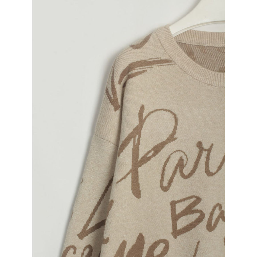 Drawstring Hem Letter Pattern Round Neck Dropped Shoulder Sweater Apparel and Accessories