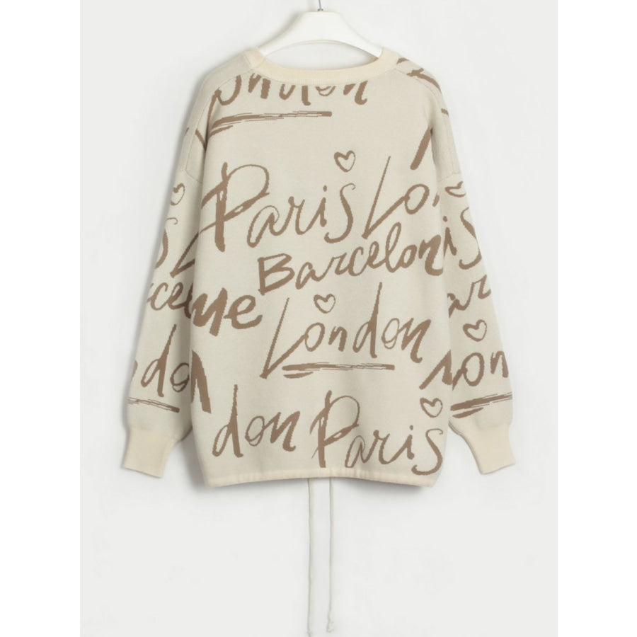 Drawstring Hem Letter Pattern Round Neck Dropped Shoulder Sweater Apparel and Accessories