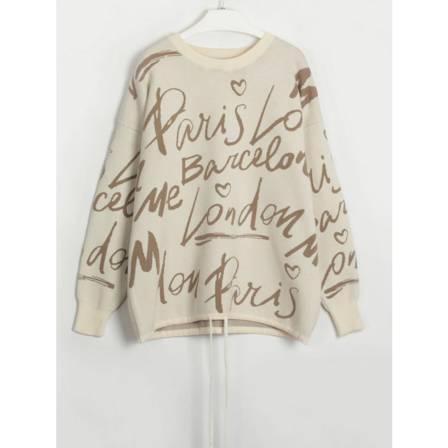 Drawstring Hem Letter Pattern Round Neck Dropped Shoulder Sweater Apparel and Accessories