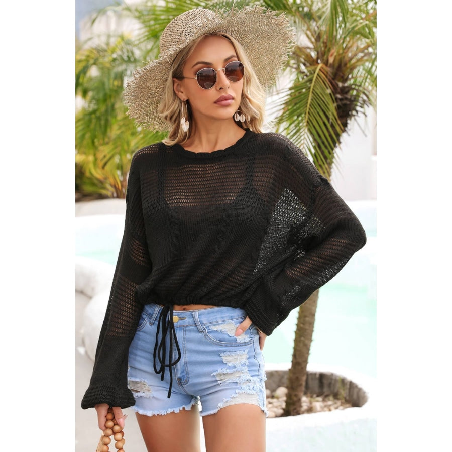 Drawstring Hem Round Neck Cropped Cover Up